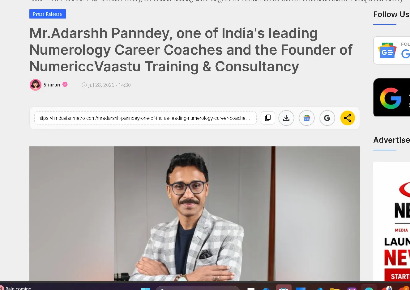 Hindustan Metro: Mr. Adarshh Panndey, one of India’s leading numerology career coaches and the founder of NumericcVaastu Training & Consultancy